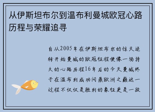 从伊斯坦布尔到温布利曼城欧冠心路历程与荣耀追寻