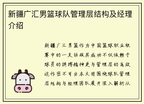 新疆广汇男篮球队管理层结构及经理介绍