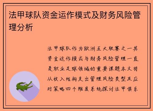 法甲球队资金运作模式及财务风险管理分析