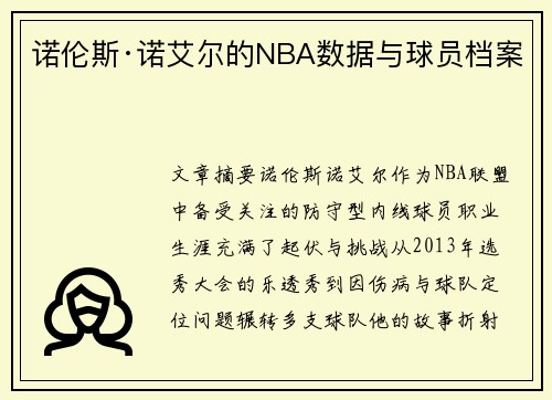 诺伦斯·诺艾尔的NBA数据与球员档案